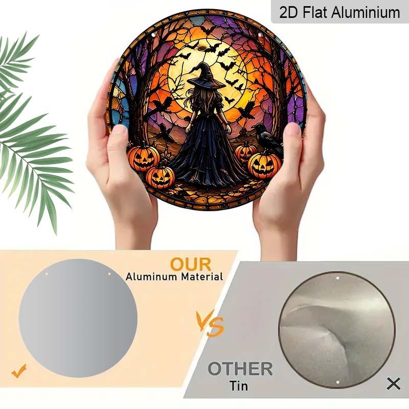 2D Flat Aluminum Decorative Hanging Ornament, Round Imitation Stained Glass Witch Sign Wall Decoration, 7.87*7.87 Inches. Halloween Front Door and