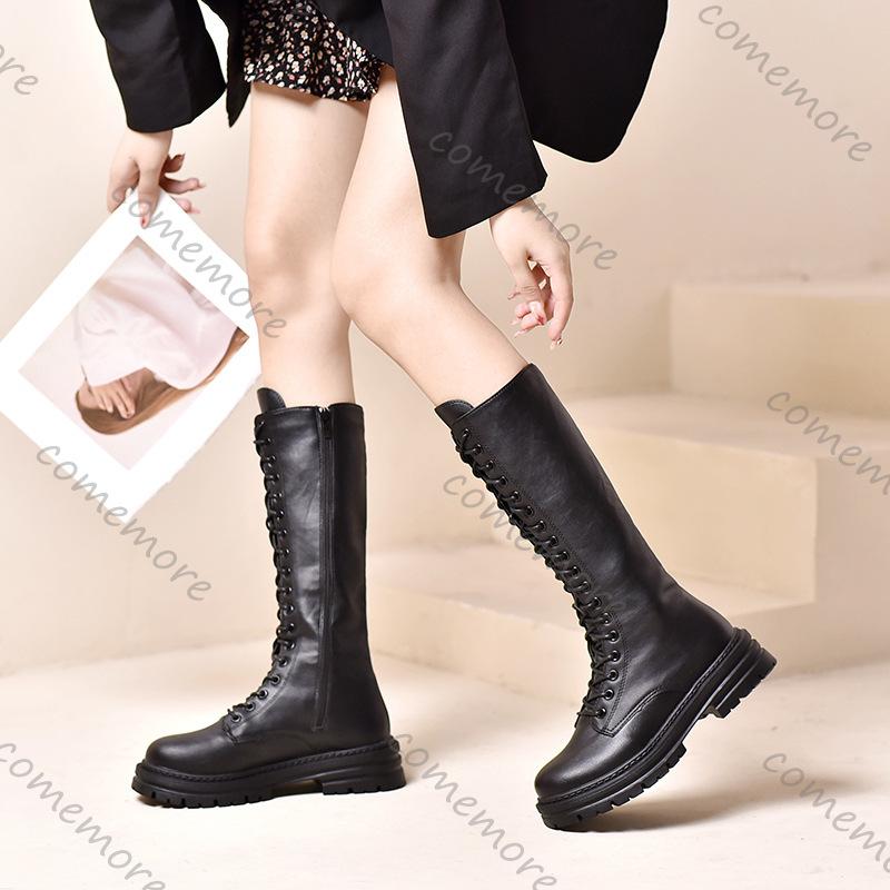Fashion Comemore Women's Boots 2025 Autumn Winter New Platform Lace Up Knee High Boots for Women Fashion Black White Thck Heel Botas