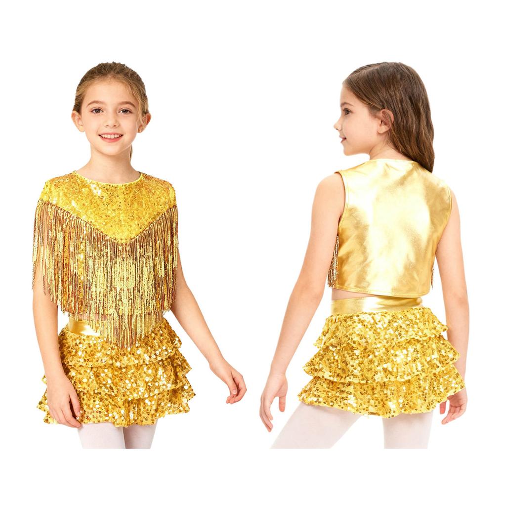 Girls 70s Disco Outfit Metallic Gloss Top Sequins Design Tassels Detail Ruffle Skirt Shorts Two Piece Set