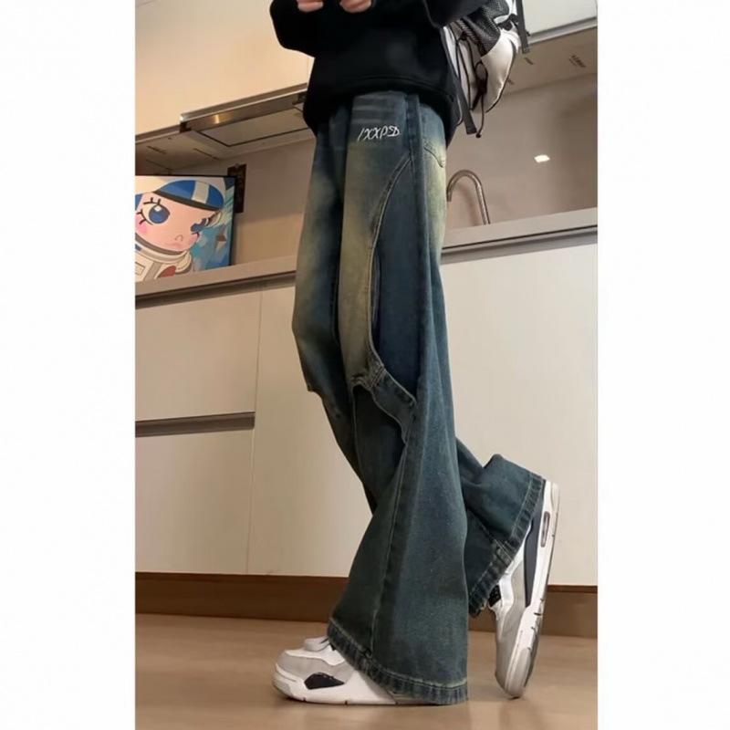 Trendy versatile ruffian handsome design deconstruction splicing jeans men's American high street straight loose wide-leg boys pants