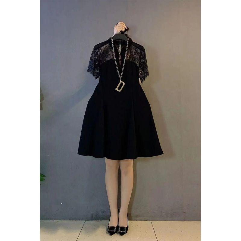 

Элегантное черное платье больших размеров с V-образным вырезом и кружевной отделкой, короткий рукав Black 2XL