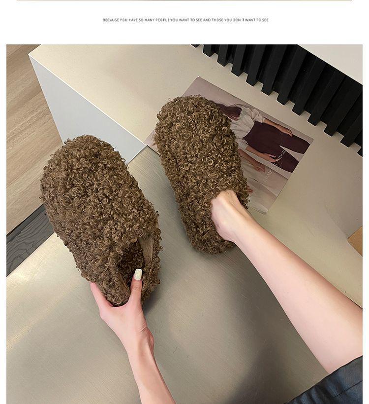 High-End Women's Furry Slippers - Height-Boosting, Thick-Sole, Closed-Toe, Cotton for Autumn/Winter In Apricot, Black, Dark Brown.