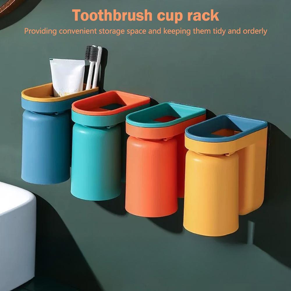 2 In 1 Wall Mounted Toothbrush Holder No-punching Toothbrush Storage Rack Creative Inverted Toothbrush Cup Drain Rack Bathroom