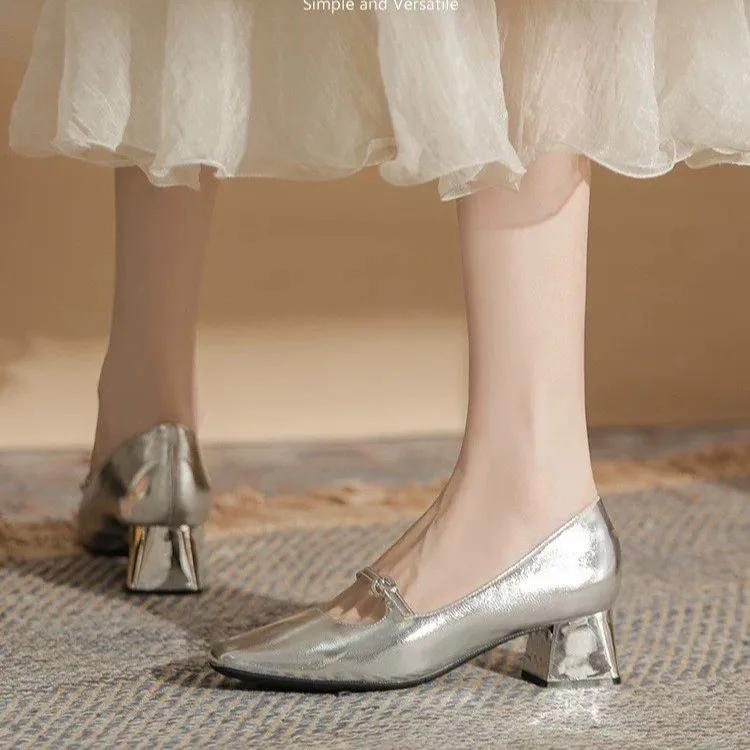 Silber Weiß Hohe Absätze Hochzeitsschuhe Braut Mary Jane Schuhe Eckige Zehenpartie Eckige Absätze Pumps Outdoor Party Flache Schuhe für Damen