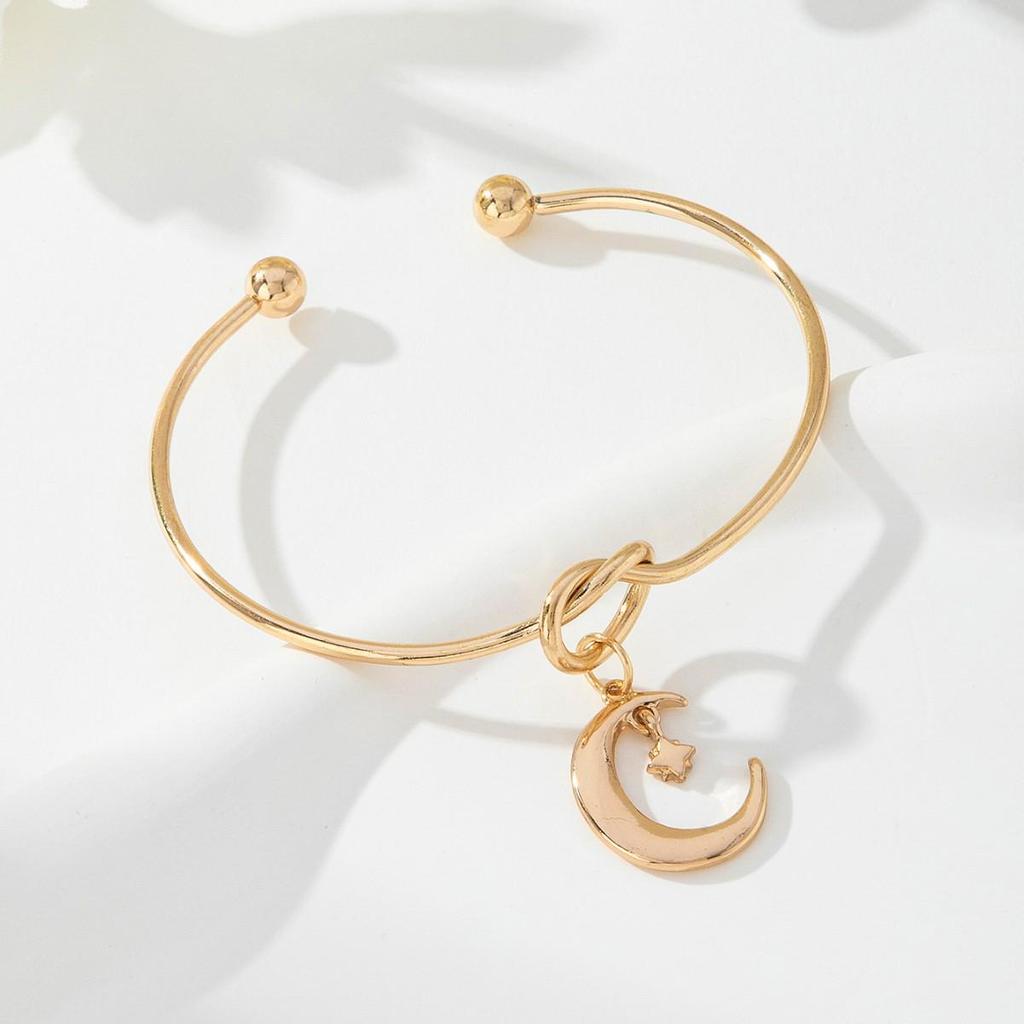 Star Moon Pendant Women's Open Bangle: European-American Knot Design