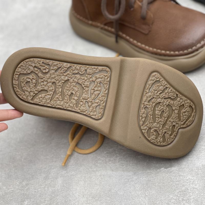 Johnature Retro Oryginalne Skórzane Krótkie Buty Szerokie Noski Sznurowane Skórzane Buty Damskie Miękka Podeszwa
