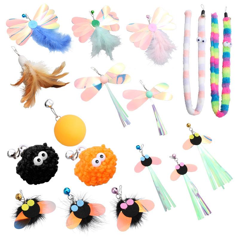 Cat Stick Feather Toys Indoor Cats Pet Toys Feather Replacement Head Cat Sequins Feather Teaser Cat Bell Balls Fuzzy Ball Toys