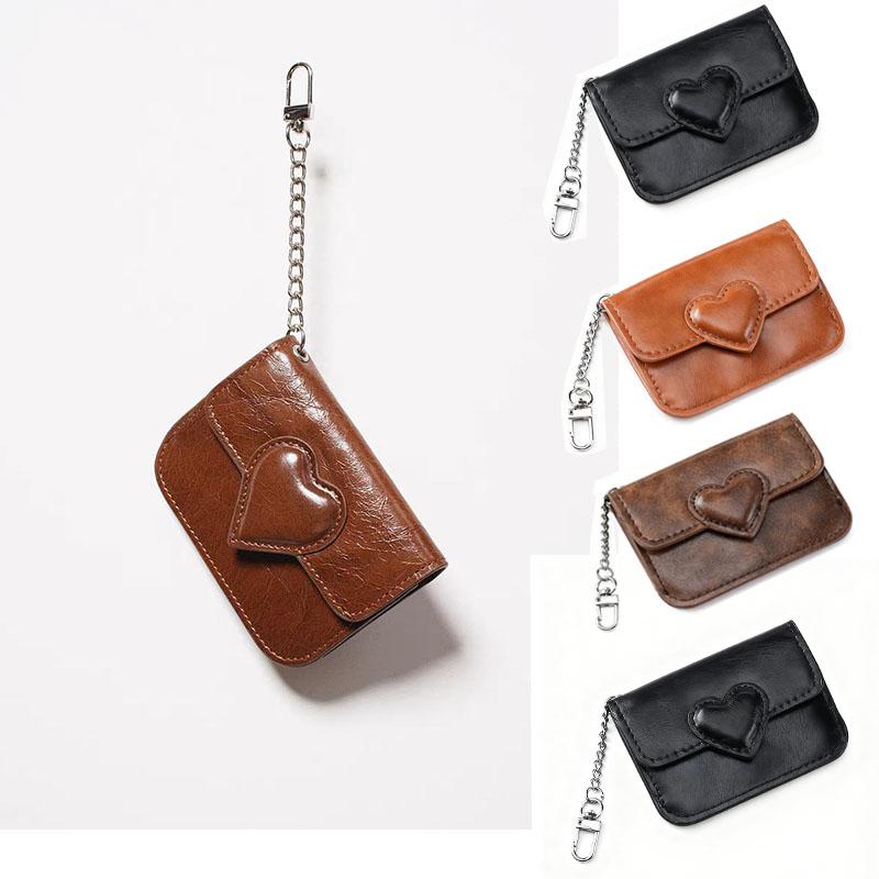 Mini Coin Purse Case Keychain Wallet Fashion PU Heart Buckle Multi-card Slots Card Holder Pouch Key Storage Bag for Women Men