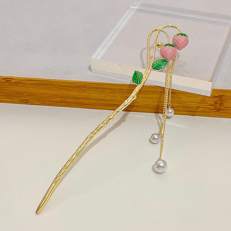 Cute Strawberry Pearls Tassel Hairpin Retro Creative Colorful Fruits Headpiece Cheongsam Antique Style Hair Ornaments