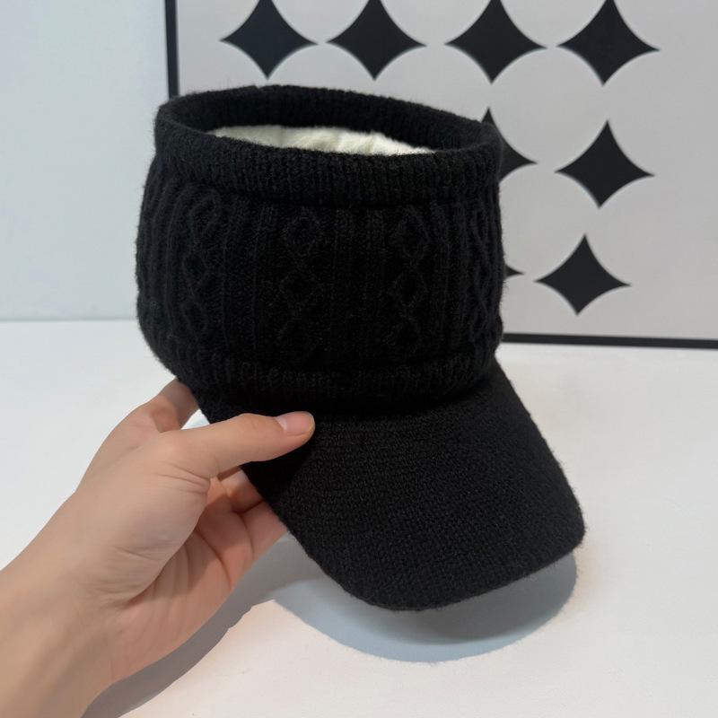 

Женская осенне-зимняя вязаная шапка с защитой ушей: Бархатная подкладка, Толстый, Теплый с открытым верхом, Модный и Универсальный. чёрный