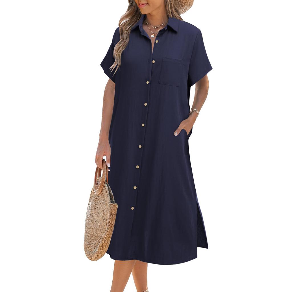 Women Dresses Summer Casual Short Sleeve Button Down Shirt Dresses Beach Cover Up With Pockets