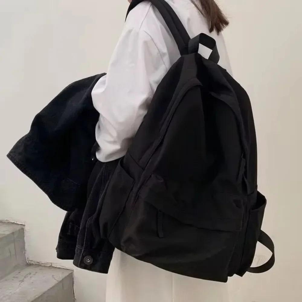 Rucksäcke Damen Einfarbig Schwarz Rucksack mit großer Kapazität Trendiger Harajuku Lässig Reißverschluss Wasserdichte Tasche Studenten Japanischer Stil Mochila