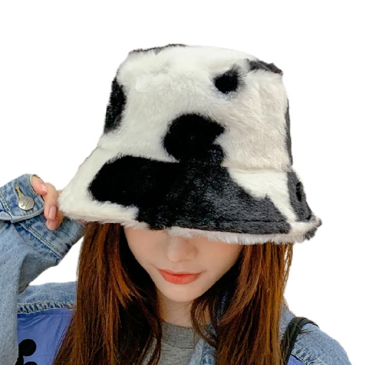 Hipster Cow Pattern Plush Fisherman Hat Autumn Winter Cap Outdoor Soft Plush Hat