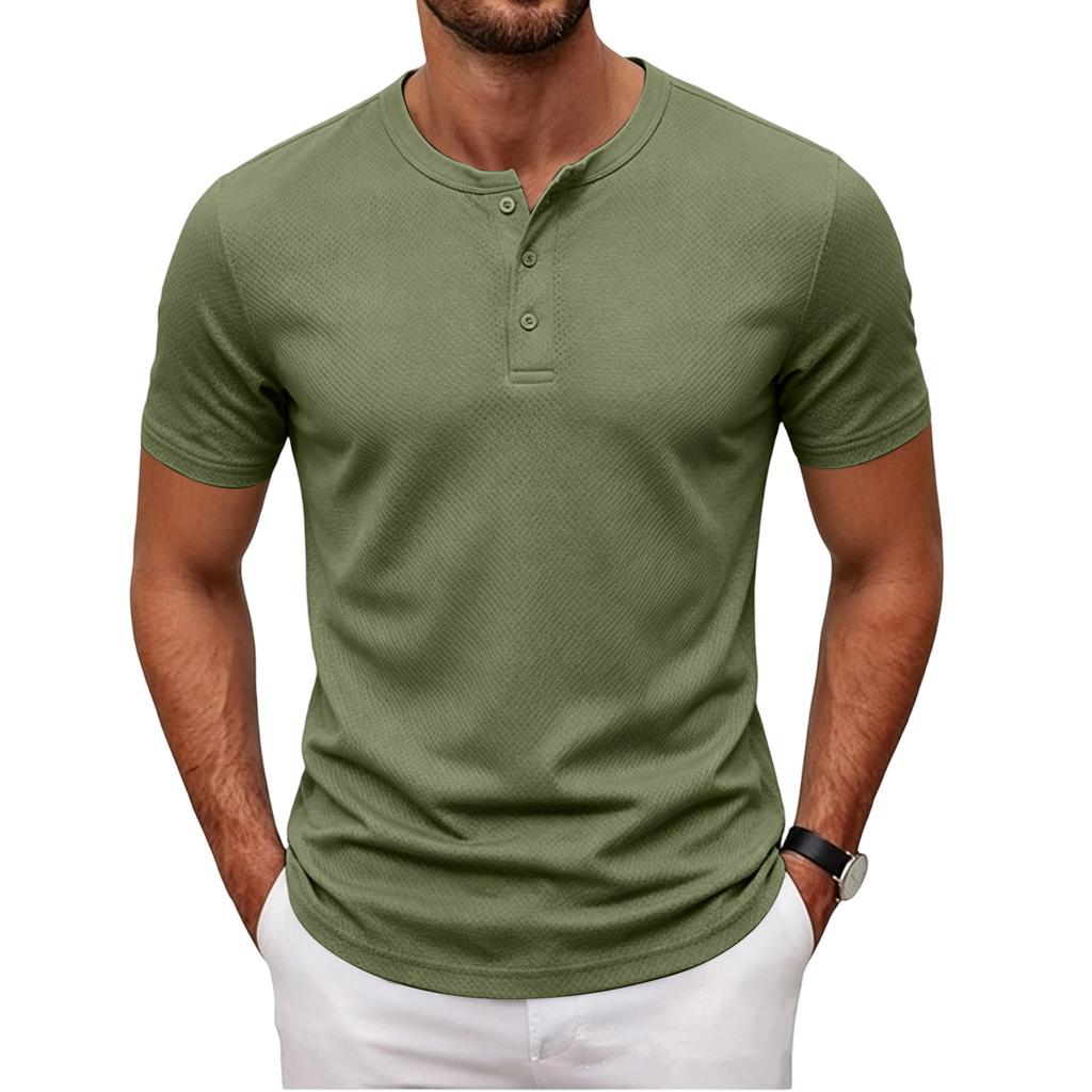 Men’s Short Sleeve Henley Shirt with Button Placket Casual Slim Fit Athletic Basic Solid Crew Neck Tee for Everyday Wear