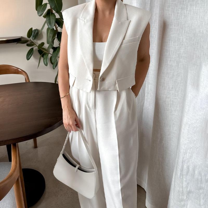 Sommerhosen-Set für Damen, Revers, ärmellos, kurze Weste, Top, schick, elegant, formeller Stil, Damen, weite Beine, lange Hose