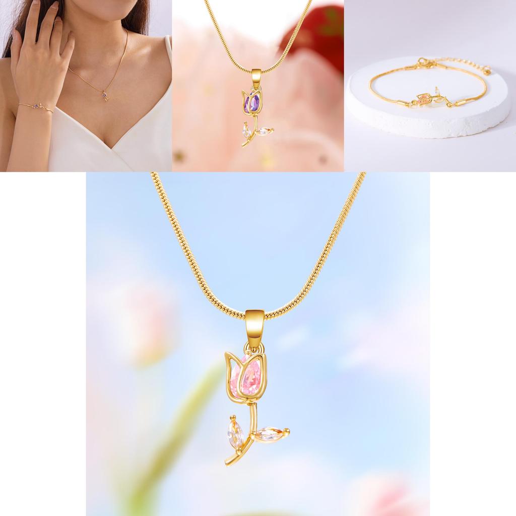 Tulip Floral Necklace Copper Chain Womens Fashion Spring Accessory