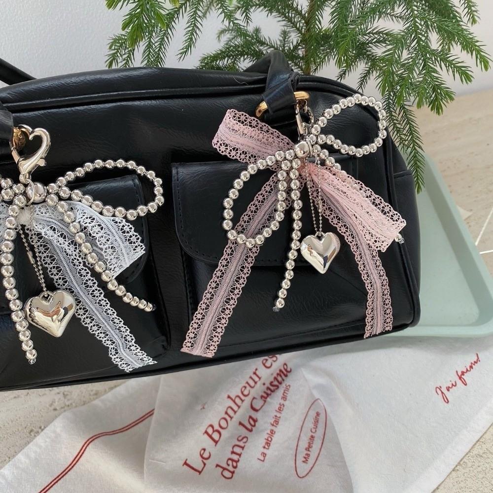 Punk Lace Bowknot Keychain Imitation Pearls Key Chain Ornament Exquisite Pearls Keychain  Daily Use