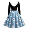 Christmas Print Flare Dress For Women Long Sleeve Dress Hollow Party Casual Dresses