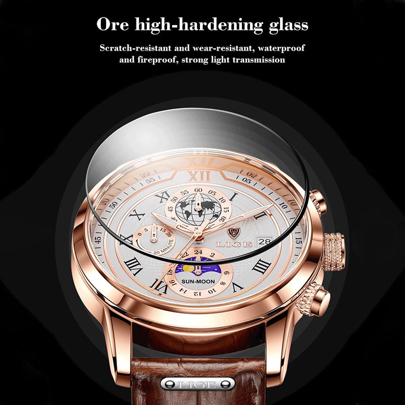 LIGE Modny męski zegarek Luksusowy biznesowy zegarek kwarcowy ze skórzanym paskiem Wodoodporny automatyczny kod daty i czasu
