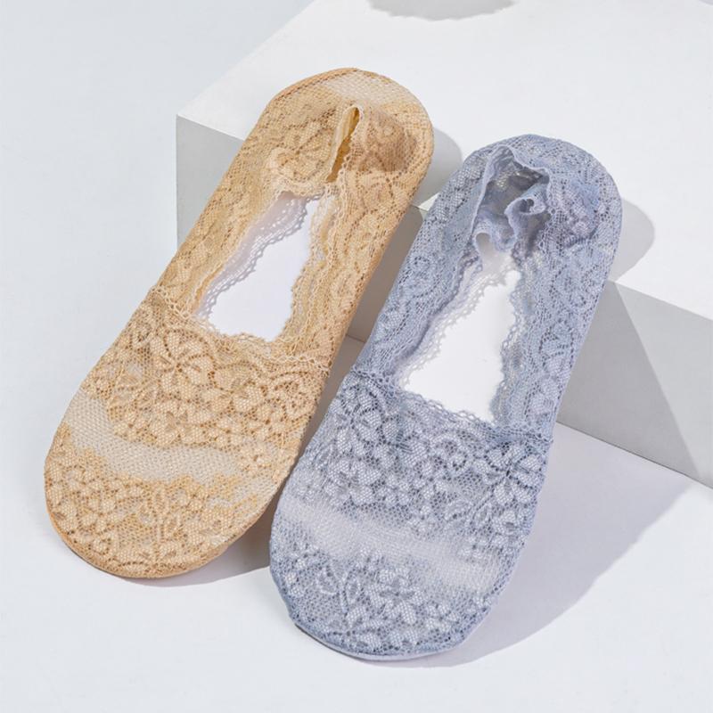 New Women Lace Socks Shallow Mouth Slipper Cotton Female Socks Bottom Silicone Non-slip Invisible Cute Socks Set 5 Pairs