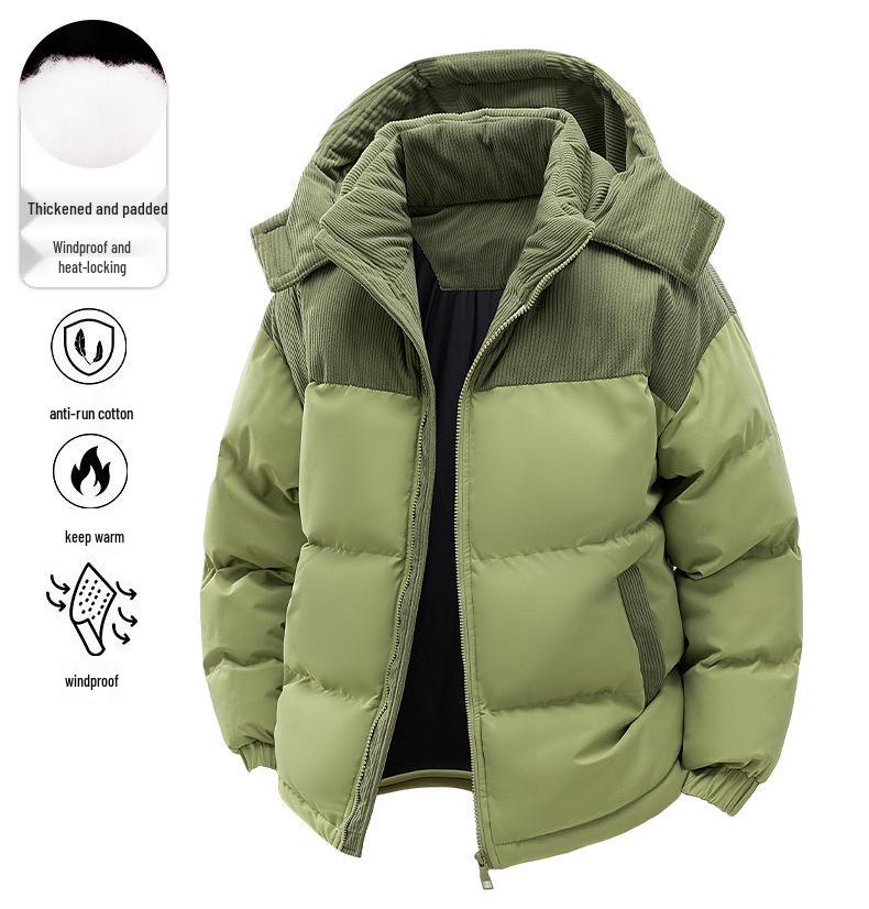 Men's Winter Color Block Hooded Jacket – Windproof Cotton Padded Coat with Plus Velvet Lining
