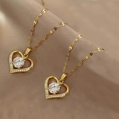 ZAKOL 2 Pieces Hot Sale Titanium Steel Zircon Inlaid Heart Pendant Necklace Exquisite Couple Necklace Fashion Zircon Gift