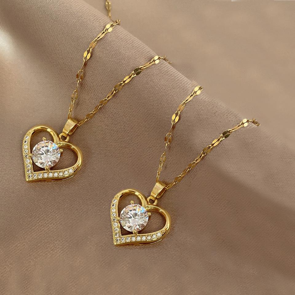 ZAKOL 2 Pieces Hot Sale Titanium Steel Zircon Inlaid Heart Pendant Necklace Exquisite Couple Necklace Fashion Zircon Gift