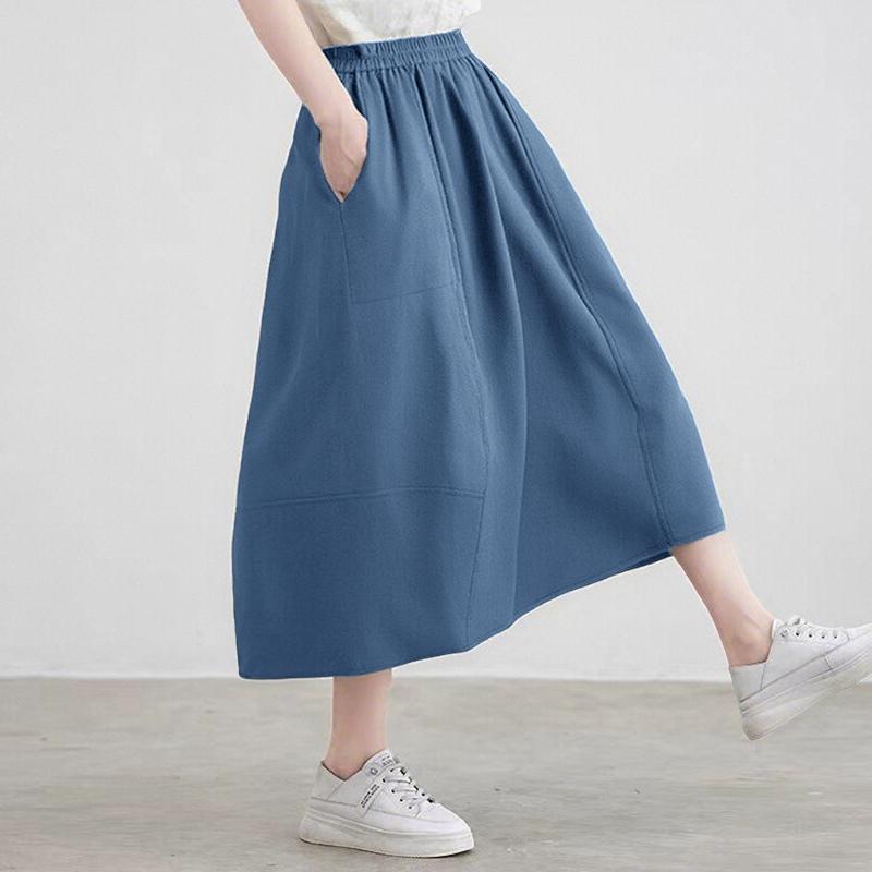 ZANZEA Womens Summer Casual Elastic Waist Solid Color Loose Skirts