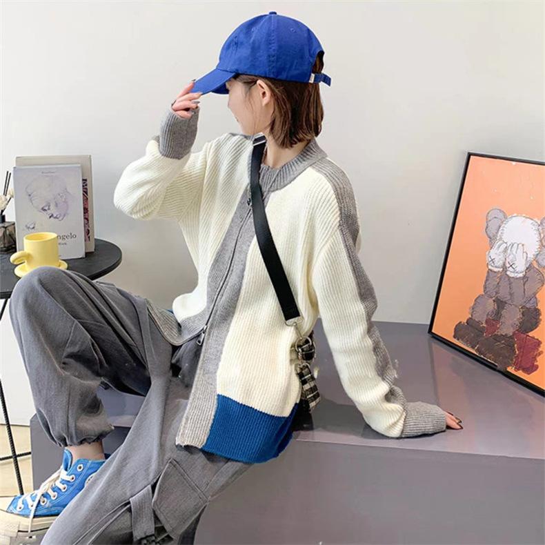 Retro Thickened Knitted Sweater Women's Stitching Zipper Lapel Sweater Cardigan Autumn and Winter Women's Coat