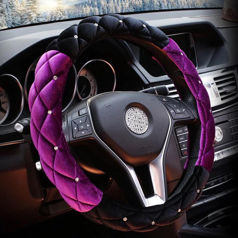 Winter Car Steering Wheel Cover Diamond Crystal Crown Plush Fur Steering-Wheel Cases Auto Interior Accessories For Women Girls