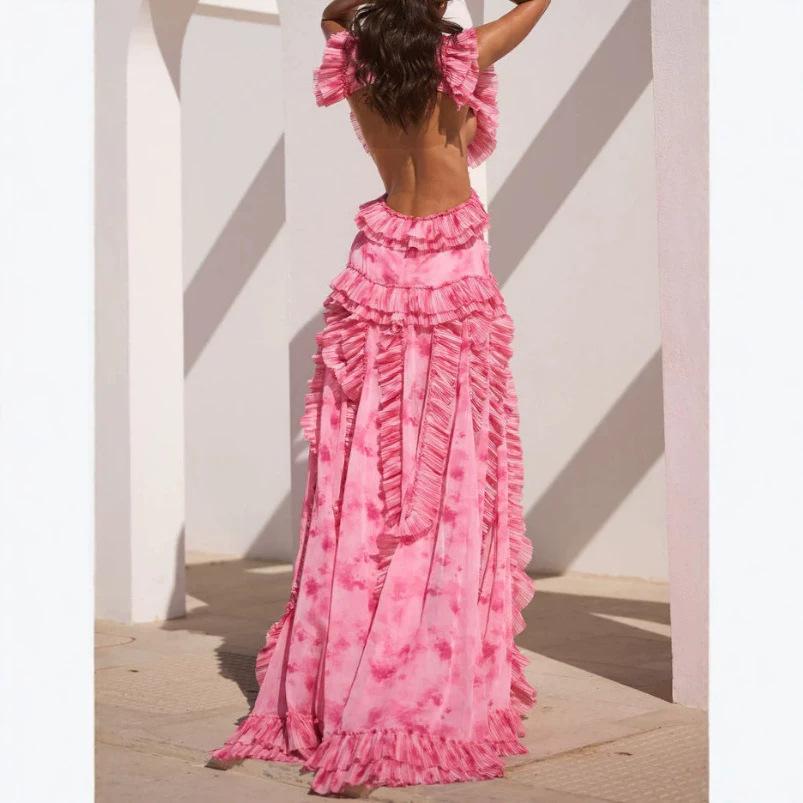 European and American women's clothing summer new French halter elegant printing and dyeing ruffle edge slit dress