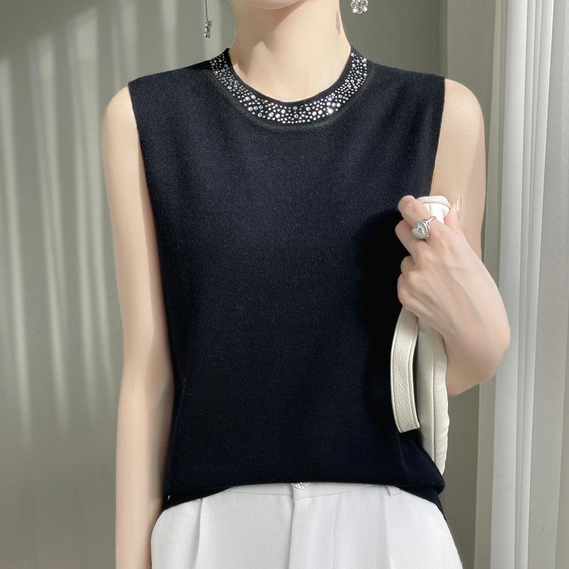 

Женский вязаный жилет с круглым вырезом, летняя мода, универсальный жилет без рукавов на бретелях, высококачественный топ XXL чёрный