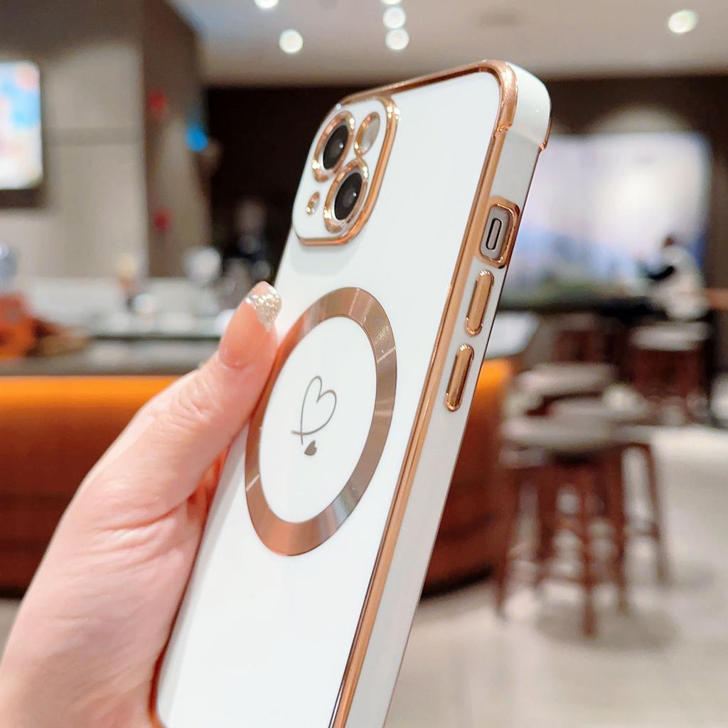 For iPhone 15 Plus Case Compatible with MagSafe Electroplated TPU Phone Cover Hollow Love Hearts