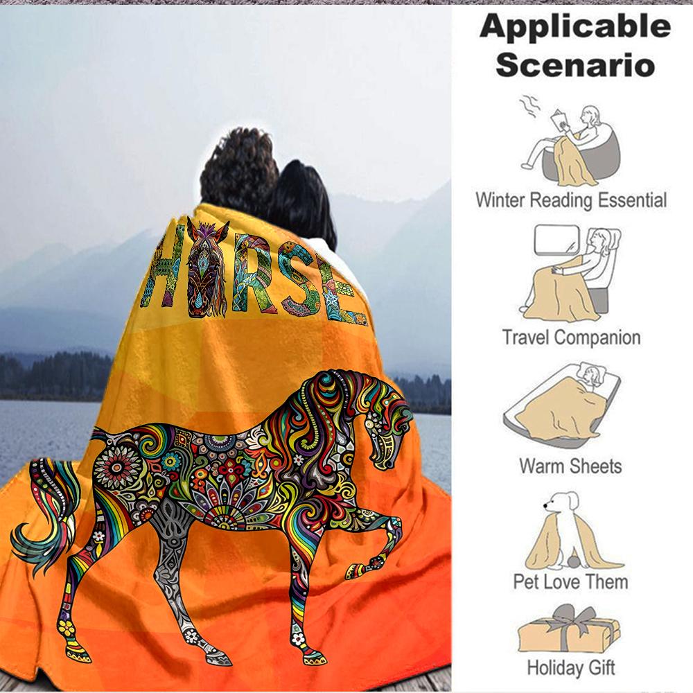 1Pc Colorful Horse Artwork Blanket Soft And Comfortable Casual Warm Camping Travel Christmas Halloween Xmas Gift M924445