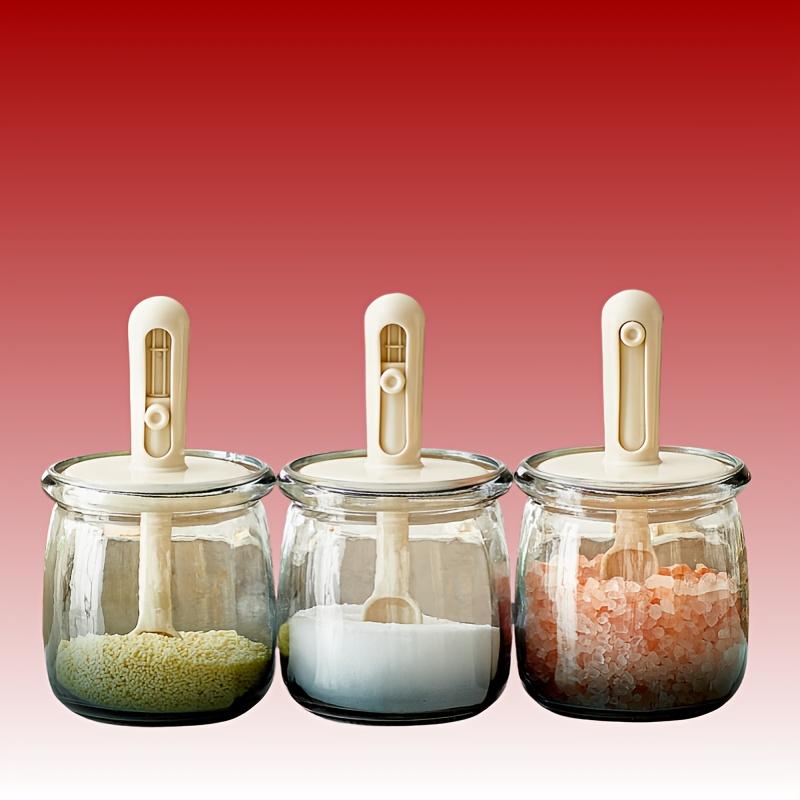 3pcs Glass Spice Jars with Airtight Lids , Retractable Spoons , Food Grade Moisture Proof Seasoning Containers for Salt, MSG, Herb