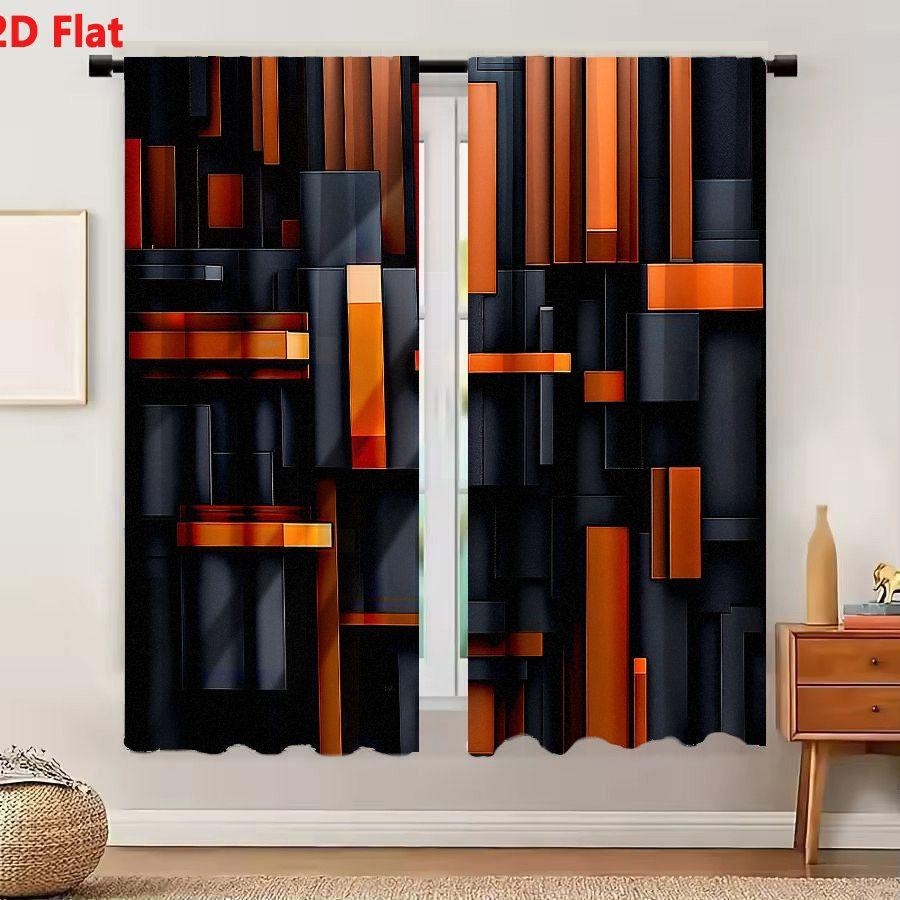 2 Pièces Rideaux Abstraits Géométriques 3D Noir et Orange Draperies de Fenêtre pour Chambre à Coucher Salon Décoration Traitement de Fenêtre.