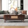 Couchtisch, Rattan-Couchtisch, Schubladen mit Rattan und Schiebetüren mit Massivholzleisten, Beine aus Massivholz, Natürlicher Landhausstil
