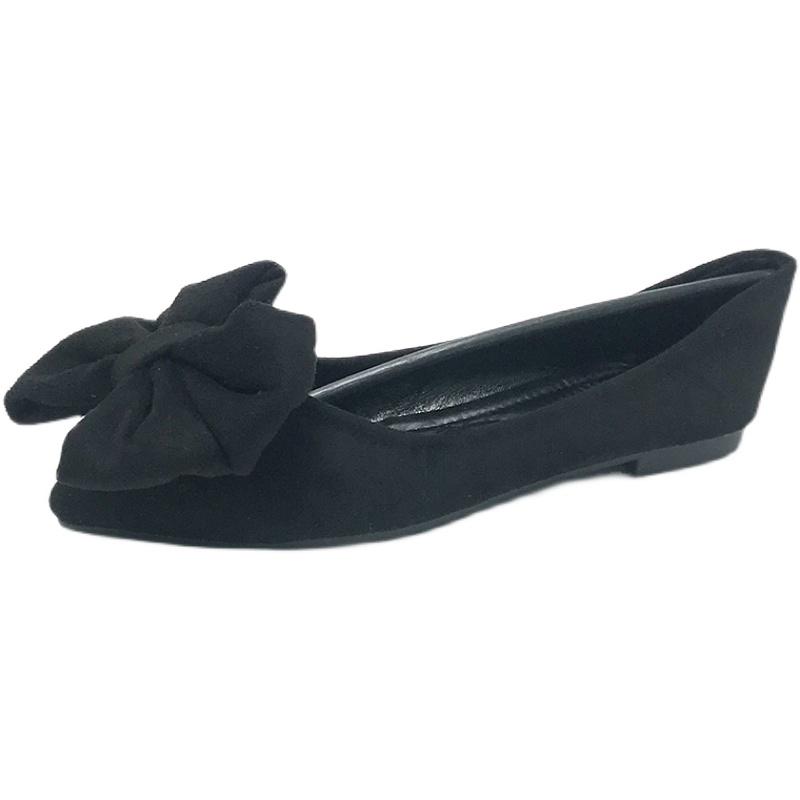 Women Black Flats with Big Bow Chinese Red Flat Heels Wedding Shoes Pointed Toe Size 33 45 Flock Leather All Match Sweet Loafers