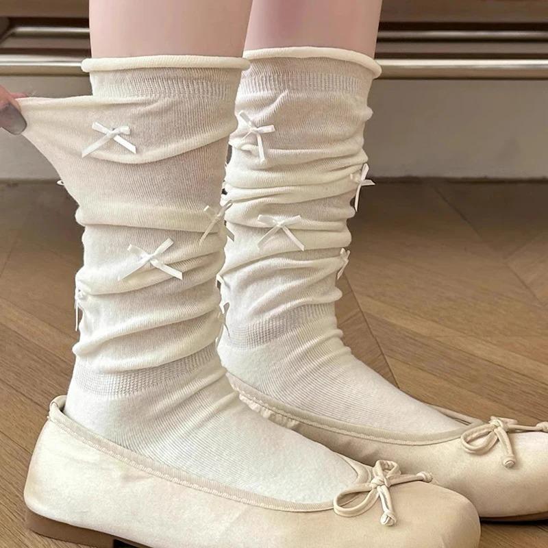 Ballet Style Bow Lolita Socks Children's Knee Over White Summer Anti Slip Calf Pile Socks New Fashion  Breathable Boneless Socks