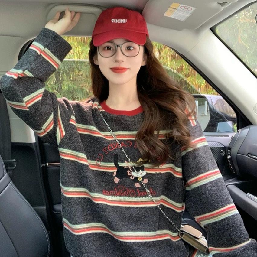 Korean Striped Long-Sleeve Retro T-Shirt for Women - New 2025 Spring/Autumn Collection