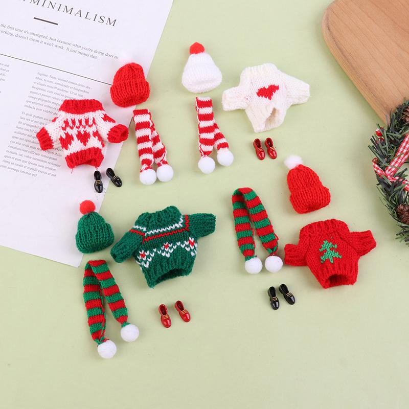 1Set Dollhouse Mini Knitted Sweater Hat Scarf Shoes Christmas 5Cm Doll Clothes Dolls Accessories