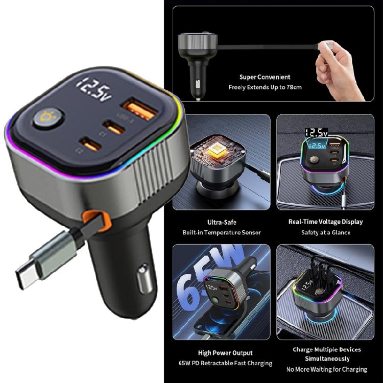 Voltages Display Heavy Duty Car Charger with Retractable Cable Multiple Port for 12V 24V Truck Use for Family Travel