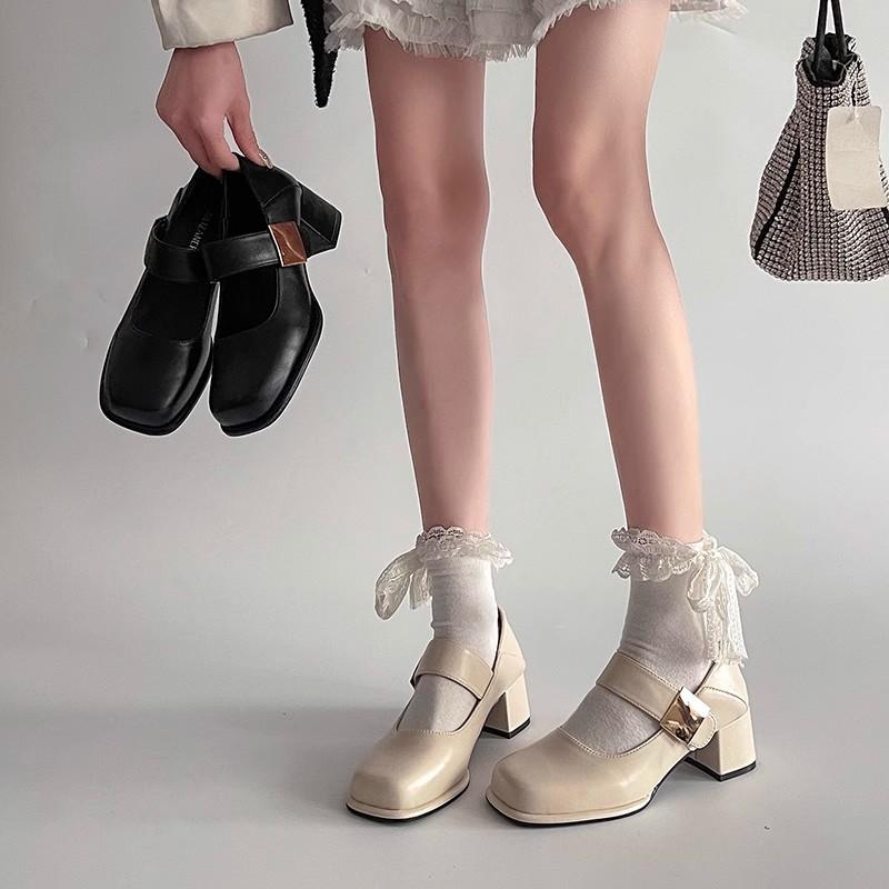 Square Head French Light Mouth Thick Heel High Heel Single Shoes Women's New Spring and Summer Fashion Versatile Skirt Mary Jane Small Leather Shoes