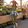Modischer Damen-Jumpsuit mit Rundhalsausschnitt, Knöpfen, ärmellos, Tasche, lässig, Retro, weites Bein, Sieben-Viertel-Länge
