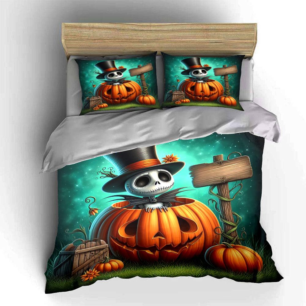 Halloween Skeleton in Pumpkin Bedding Duvet Cover Set Duvet Cover Pillowcases (1*Duvet Cover 2*Pillowcases, without duvet insert)