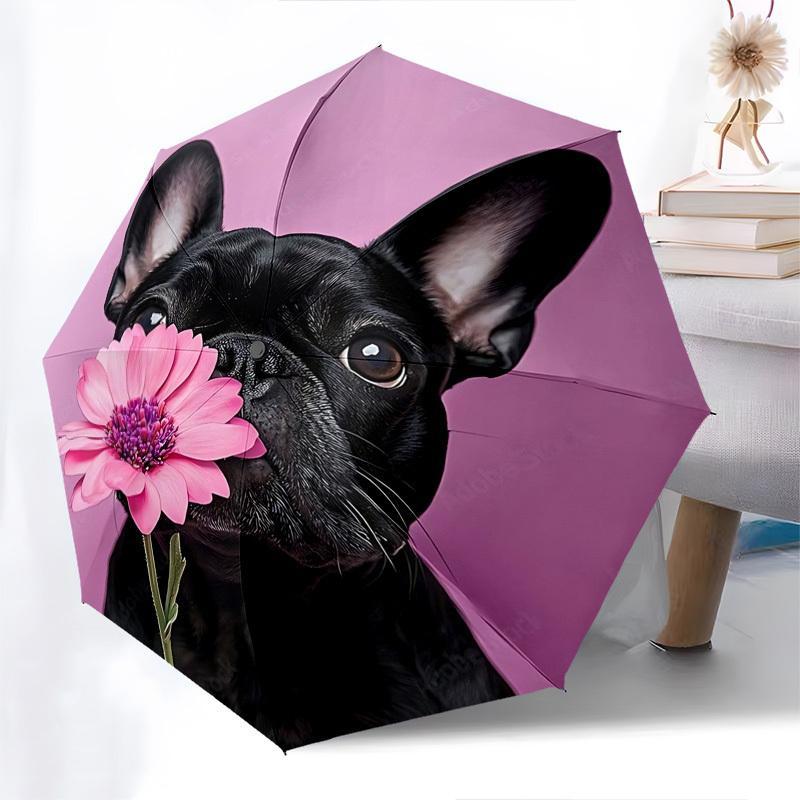 French Bulldog,Pink Flower Automatic Folding Umbrella Compact 8 rib Design,Unique Style,Suitable for Everyday Outdoor Use,Perfect Gift