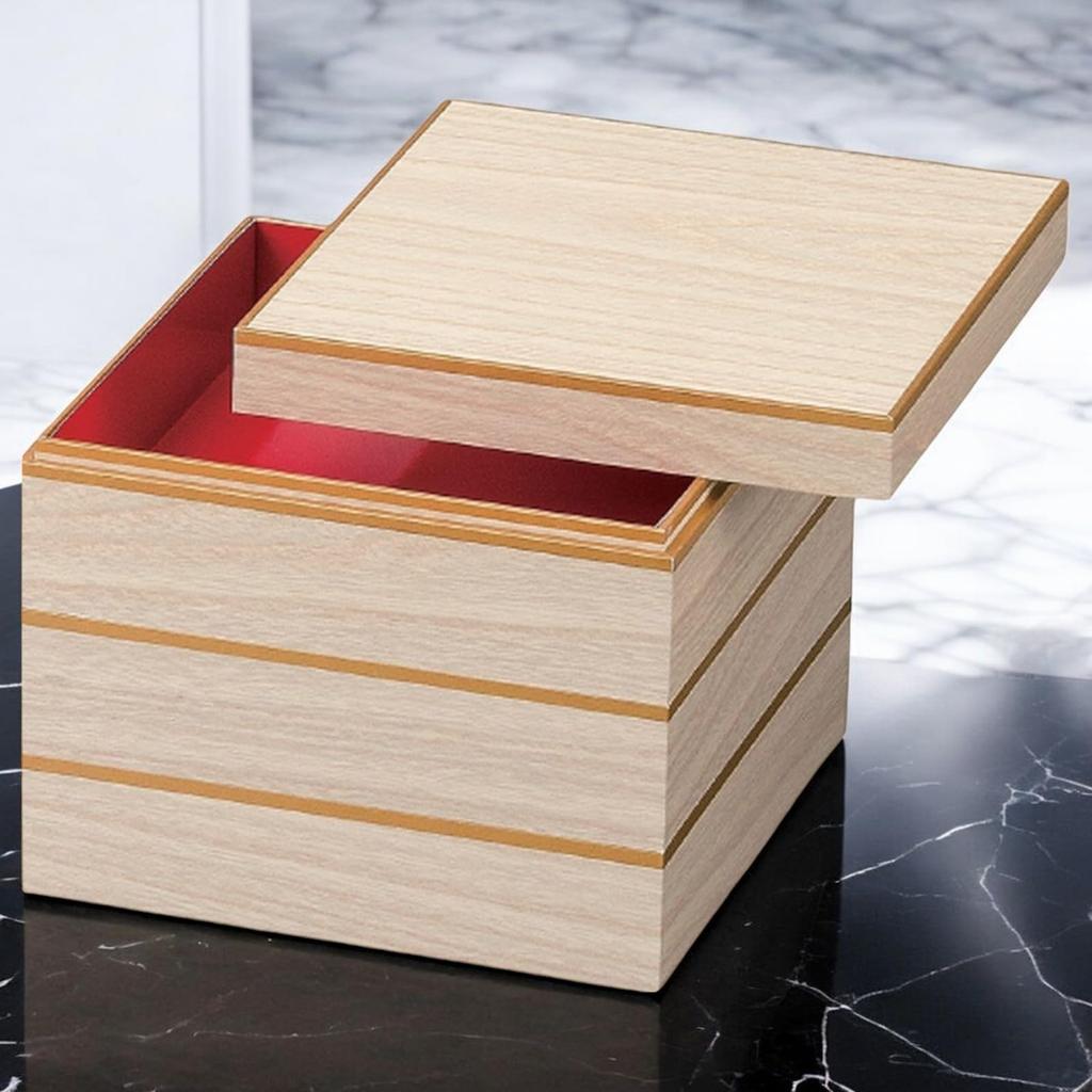 J-kitchens Lacquerware 3-Tiered Jubako Box, 7.5 Inches, Made of Fine Wood and Paper with Paulownia Gold Wire, 22cm, Made In Japan