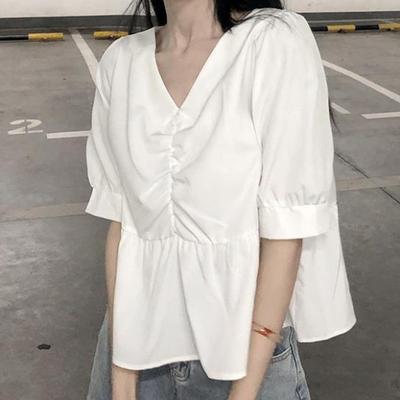 Sommer Design Puffärmel Oberteil V-Ausschnitt Weiß Locker Lässig Kurzarmhemd für Damen Blusen & Hemden