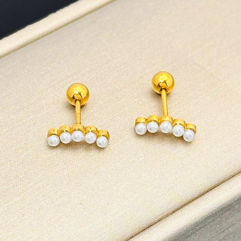 Gold Plated Stainless Steel Pearl Curved Bar Screw Back Earrings золотой