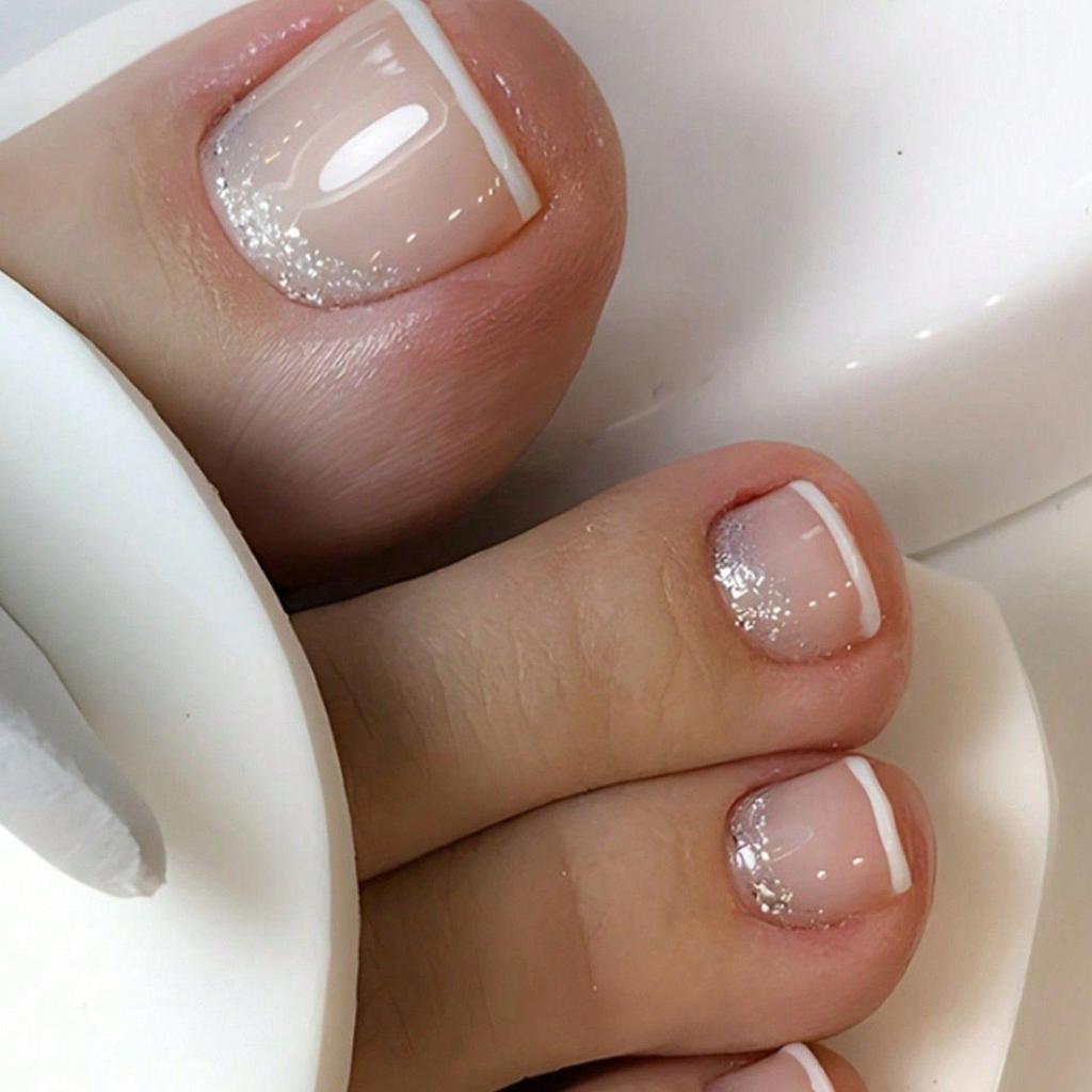 24pcs French Fake Toenails Pink Gradient Full Cover Short Square Toe Nails Foot Nails Tips for Women Girls